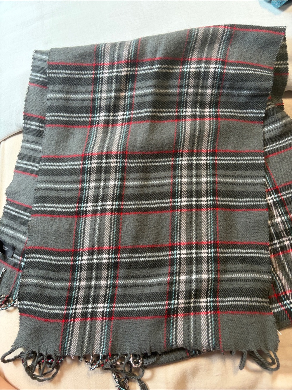 Gray Tartan Plaid Fringe Scarf with Red Accents